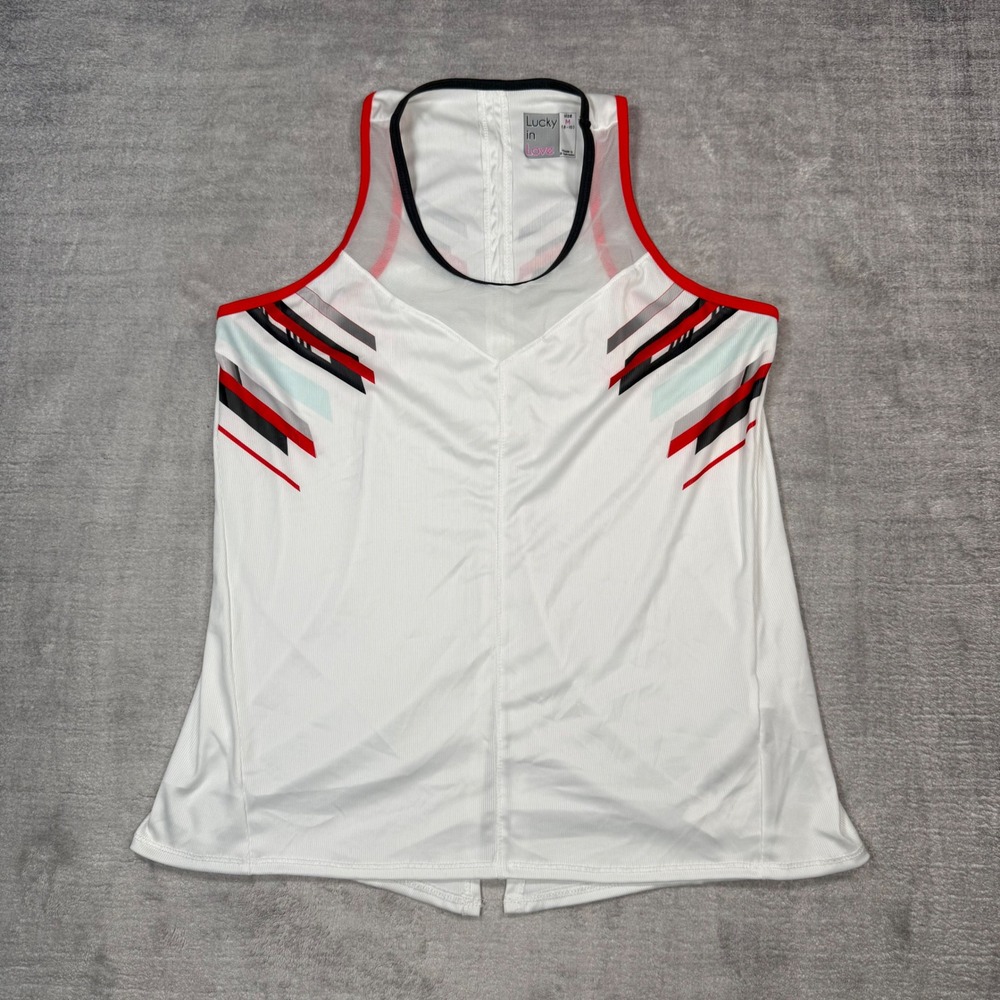 Lucky In Love Shirt Women Medium White Tech It In Tie Tank Mesh Split Back Gym